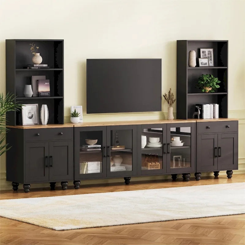 Meuble TV de centre de divertissement avec portes en verre et étagères réglables