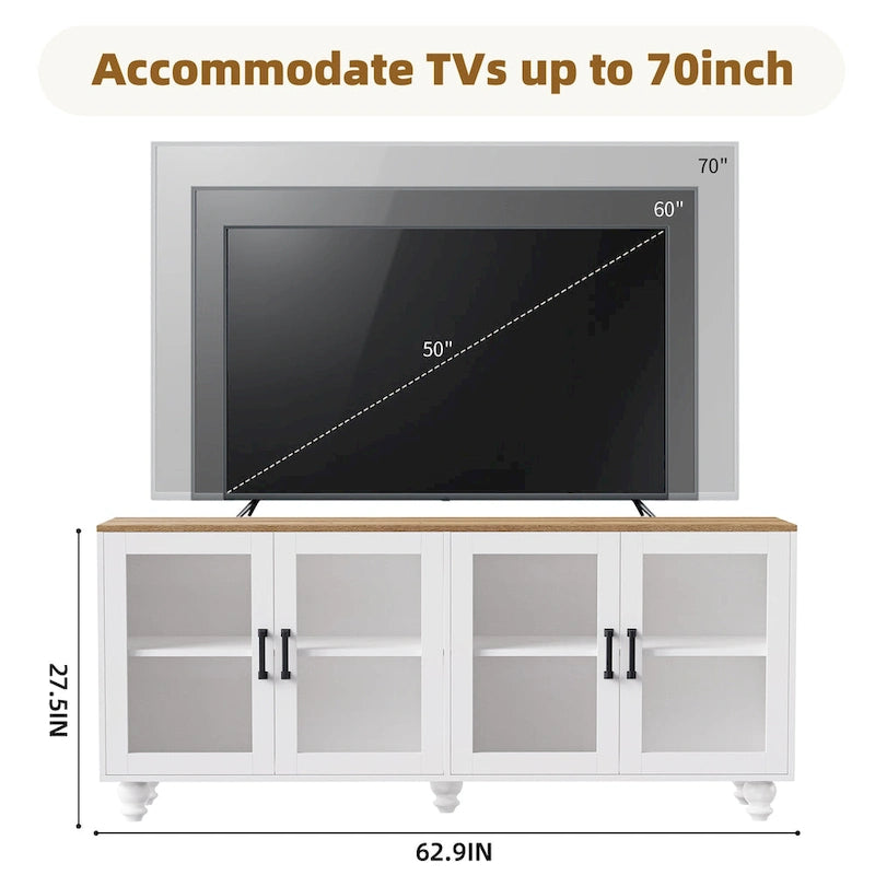 Meuble TV de centre de divertissement avec portes en verre et étagères réglables