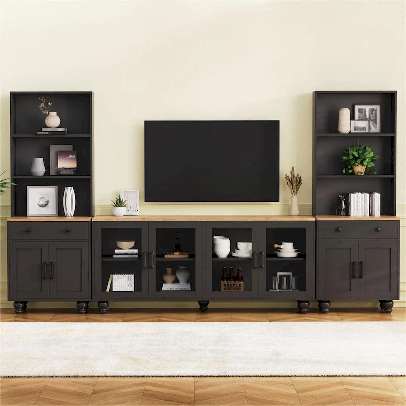 Meuble TV de centre de divertissement avec portes en verre et étagères réglables