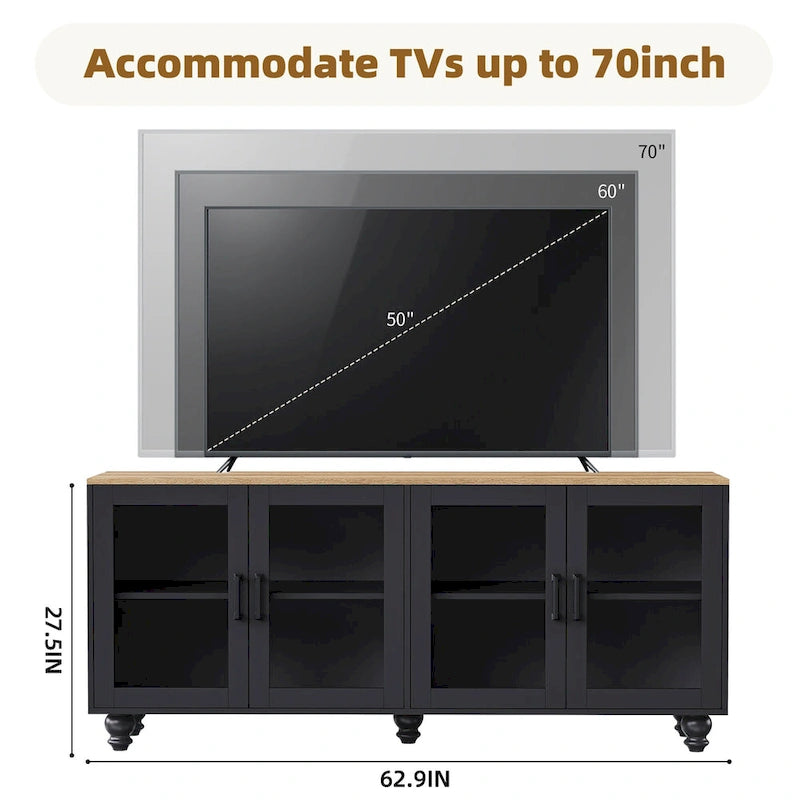 Meuble TV de centre de divertissement avec portes en verre et étagères réglables