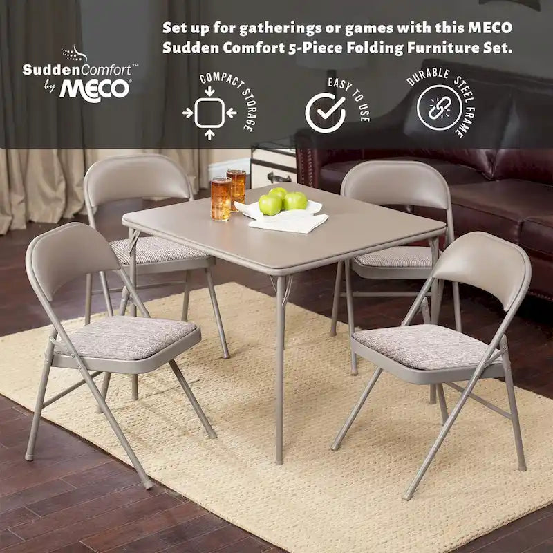 Ensemble table de cartes pliante et 4 chaises – Beige (5 pièces)