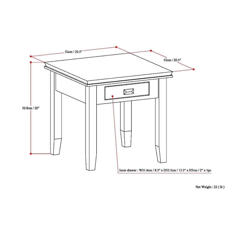 Table d'appoint carrée en bois massif avec tiroir