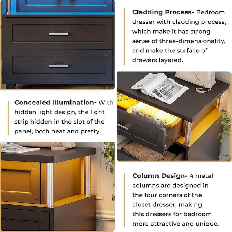 Commode à 8 tiroirs avec design en colonne et lumières LED