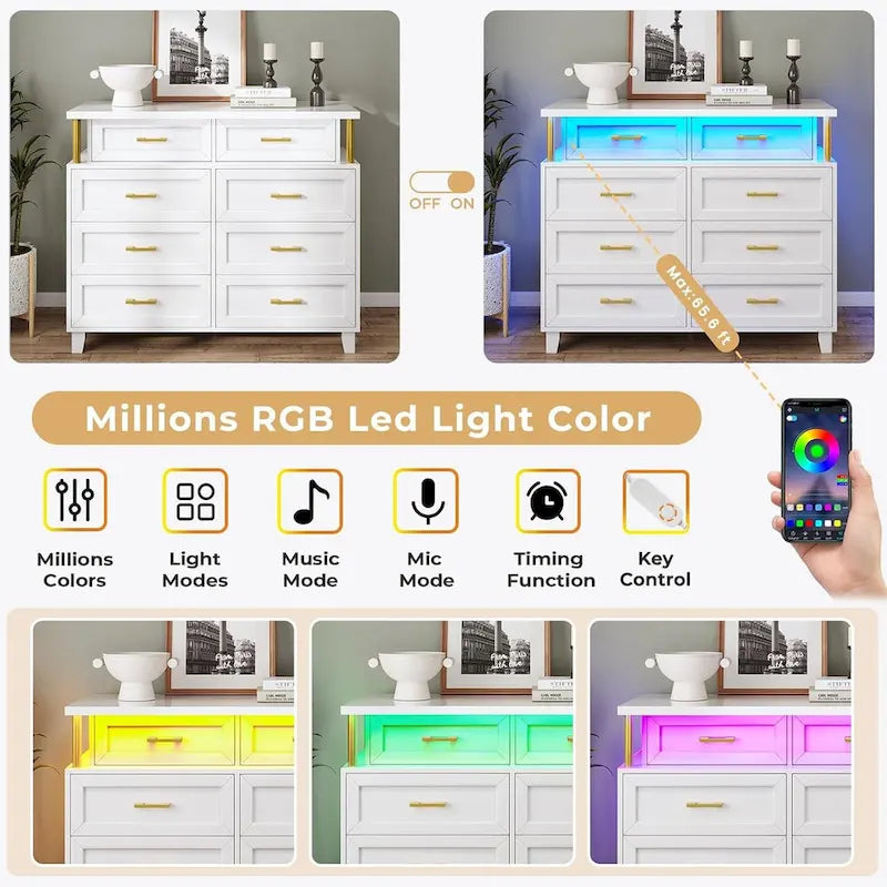 Commode à 8 tiroirs avec design en colonne et lumières LED