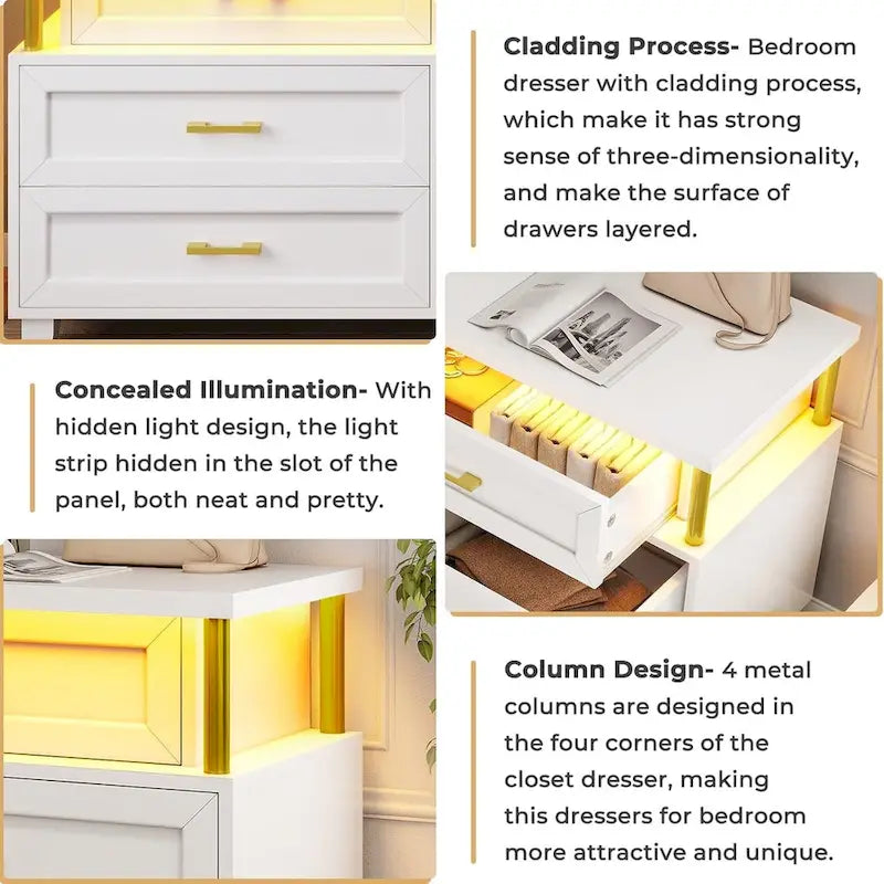 Commode à 8 tiroirs avec design en colonne et lumières LED