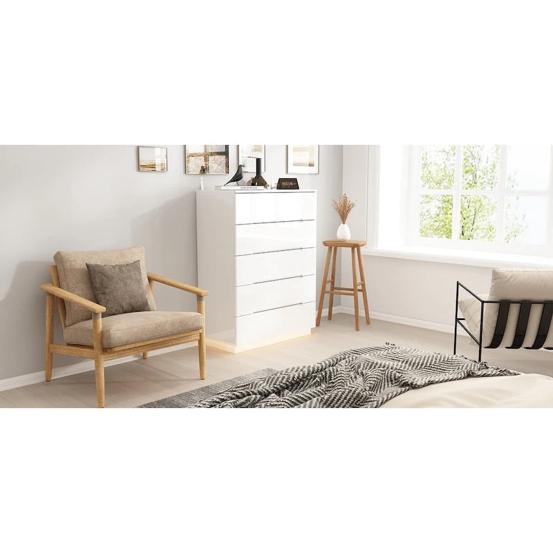 Commode de rangement brillante à 5 tiroirs avec plateau spacieux de 31,5 po à DEL