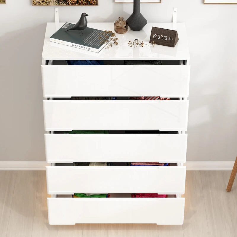Commode de rangement brillante à 5 tiroirs avec plateau spacieux de 31,5 po à DEL