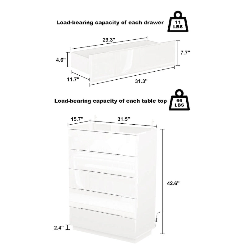 Commode de rangement brillante à 5 tiroirs avec plateau spacieux de 31,5 po à DEL