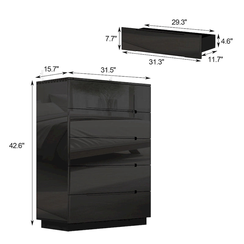 Commode de rangement brillante à 5 tiroirs avec plateau spacieux de 31,5 po à DEL