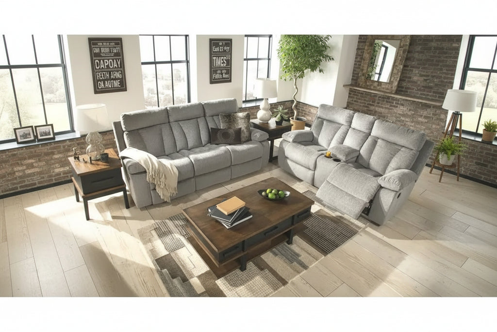 Canapé double inclinable contemporain gris avec tablette escamotable