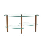 Table basse ovale en verre, Table basse transparente, table moderne dans le salon avec pieds en bois de chêne, table à thé