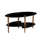 Table basse ovale en verre, Table basse transparente, table moderne dans le salon avec pieds en bois de chêne, table à thé