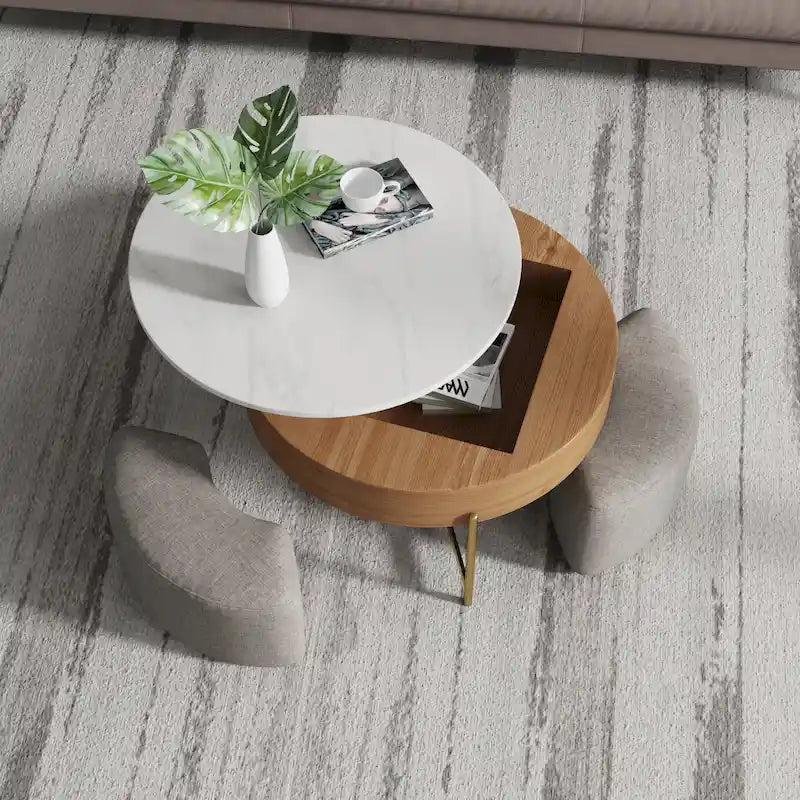 Table basse ronde relevable avec 3 poufs