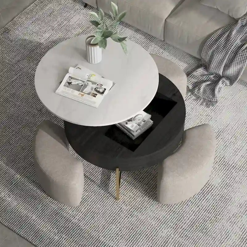 Table basse ronde relevable avec 3 poufs