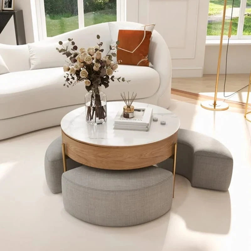 Table basse ronde relevable avec 3 poufs
