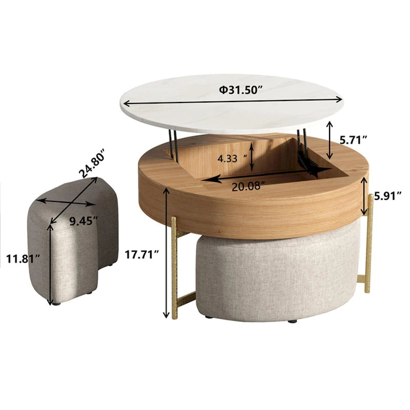 Table basse ronde relevable avec 3 poufs