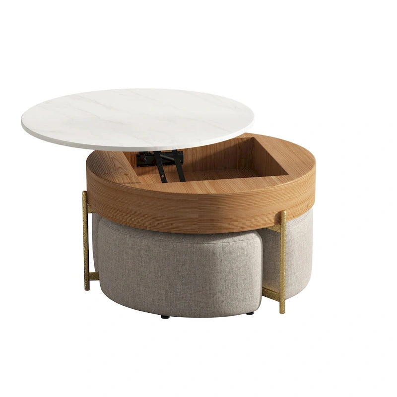 Table basse ronde relevable avec 3 poufs