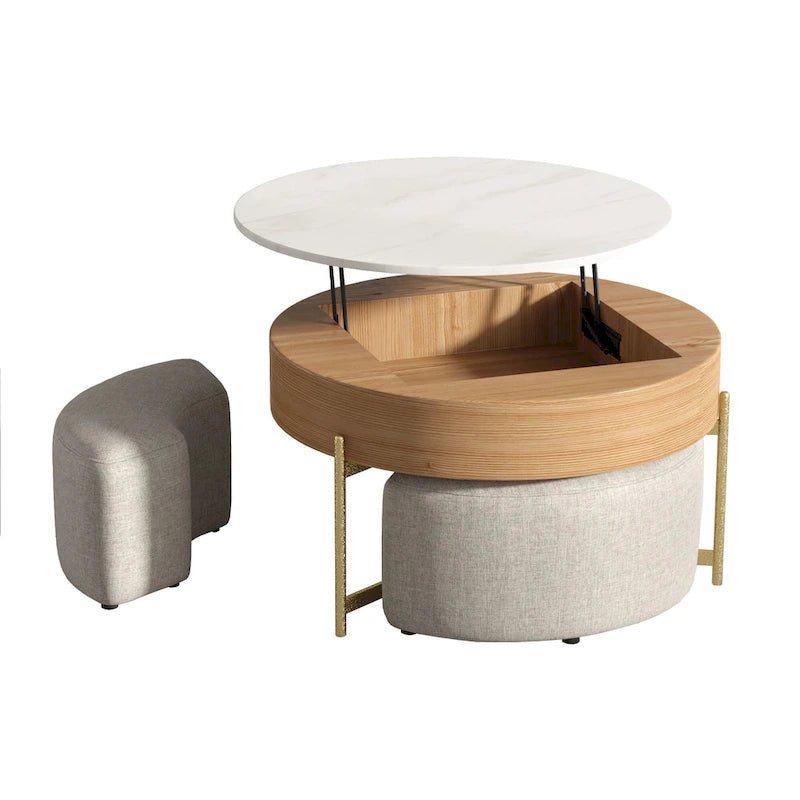Table basse ronde relevable avec 3 poufs