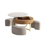 Table basse ronde relevable avec 3 poufs