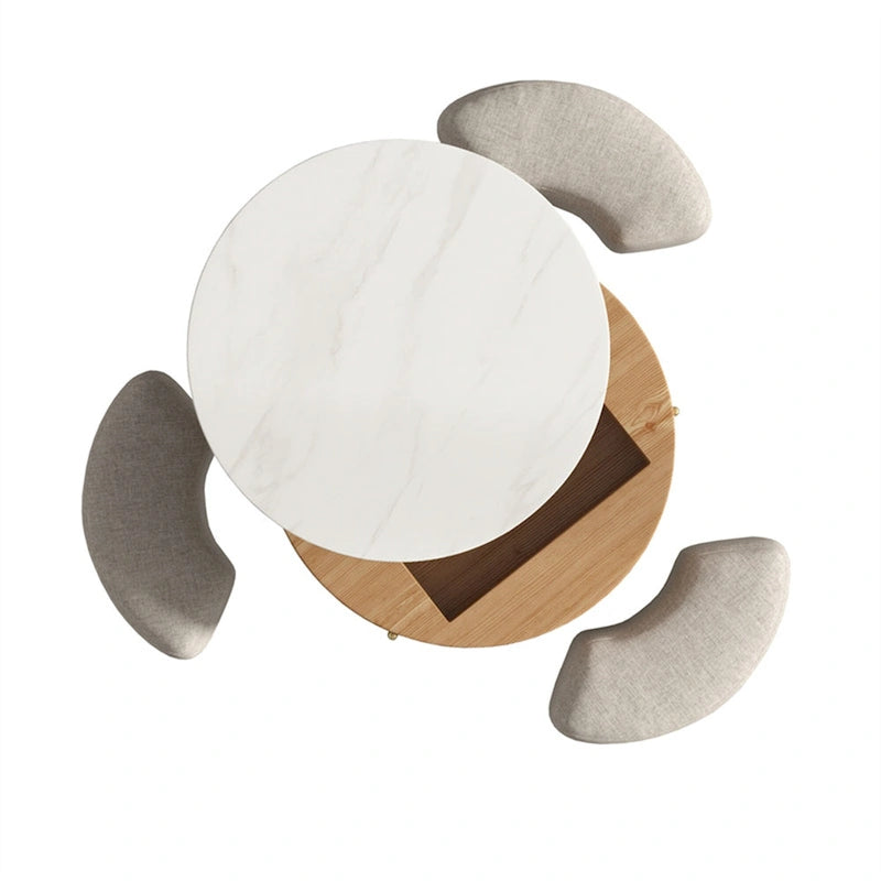 Table basse ronde relevable avec 3 poufs