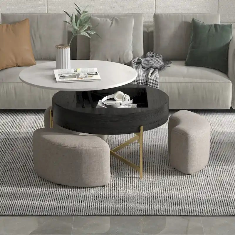 Table basse ronde relevable avec 3 poufs