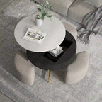 Table basse ronde relevable avec 3 poufs