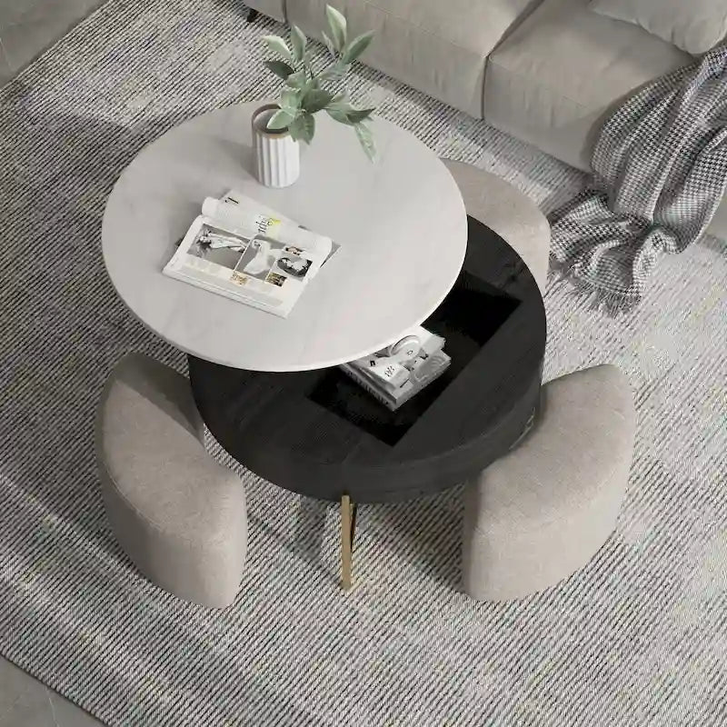Table basse ronde relevable avec 3 poufs