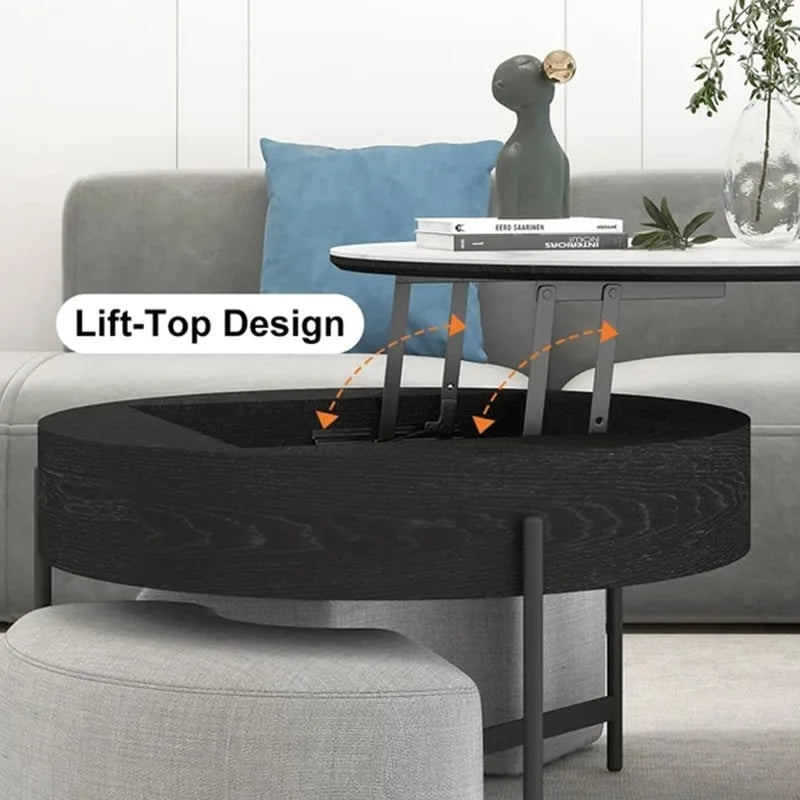 Table basse ronde relevable avec 3 poufs