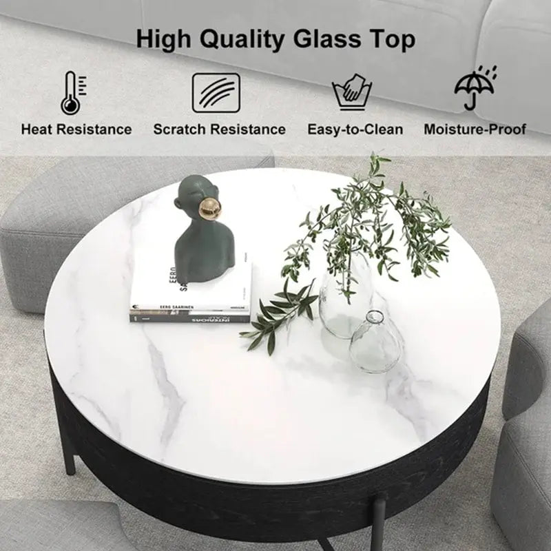 Table basse ronde relevable avec 3 poufs