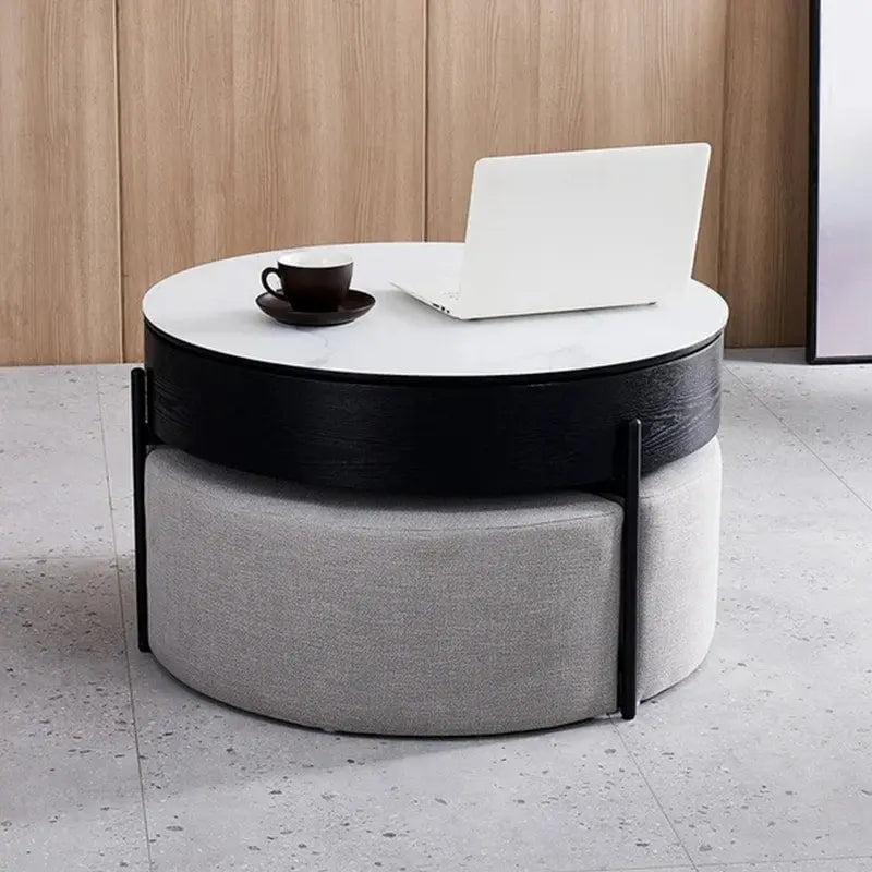 Table basse ronde relevable avec 3 poufs