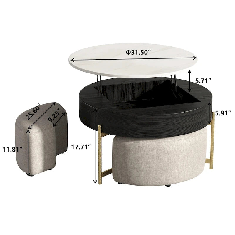 Table basse ronde relevable avec 3 poufs