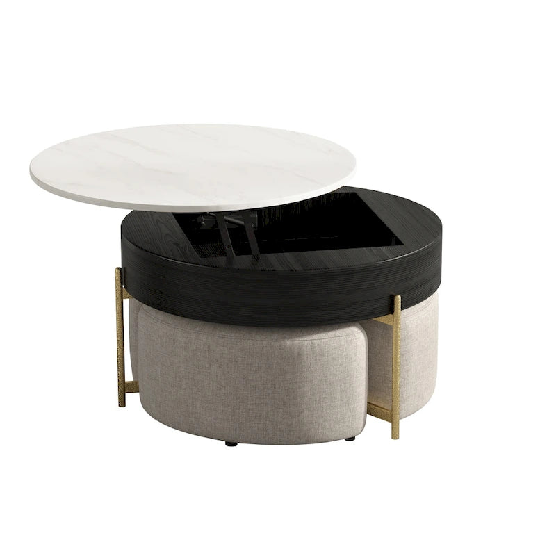 Table basse ronde relevable avec 3 poufs