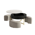 Table basse ronde relevable avec 3 poufs