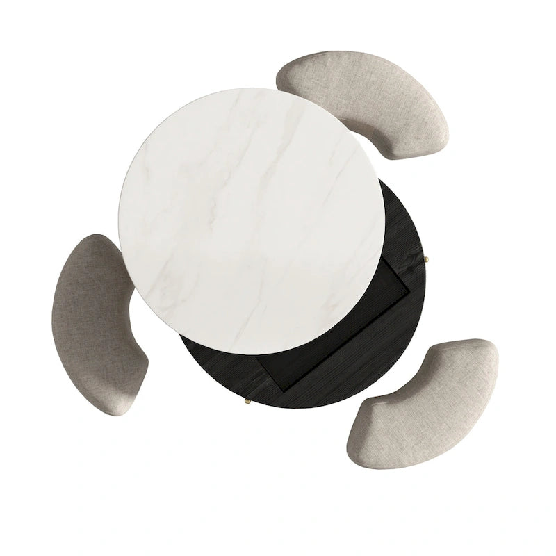 Table basse ronde relevable avec 3 poufs