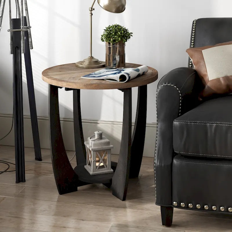 Table d'appoint rustique de ferme avec étagère inférieure, style campagnard français
