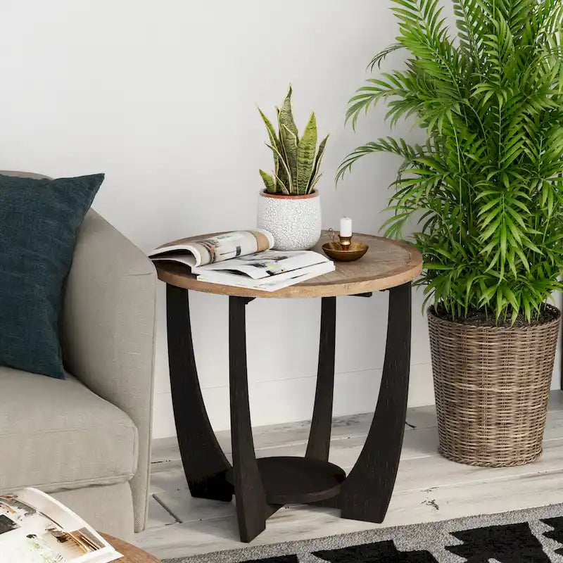 Table d'appoint rustique de ferme avec étagère inférieure, style campagnard français