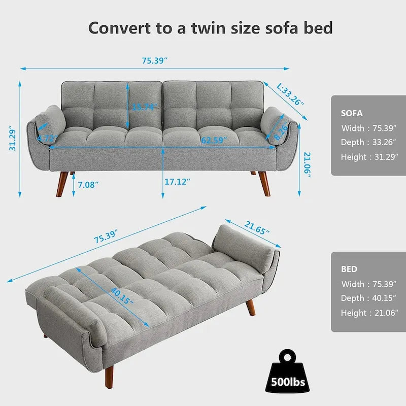 Canapé-lit futon, canapé pliant convertible, fauteuil inclinable pour salon avec 2 oreillers et accoudoirs