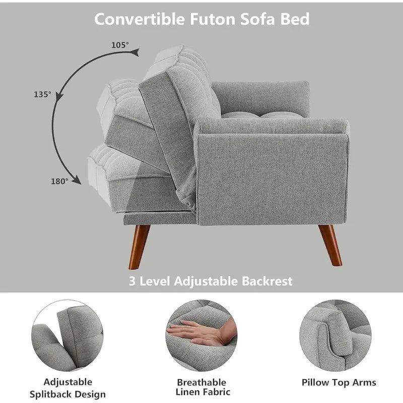 Canapé-lit futon, canapé pliant convertible, fauteuil inclinable pour salon avec 2 oreillers et accoudoirs