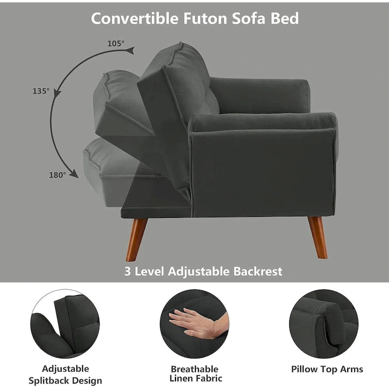 Canapé-lit futon, canapé pliant convertible, fauteuil inclinable pour salon avec 2 oreillers et accoudoirs