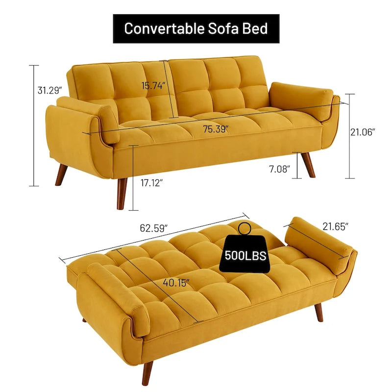 Canapé-lit futon, canapé pliant convertible, fauteuil inclinable pour salon avec 2 oreillers et accoudoirs