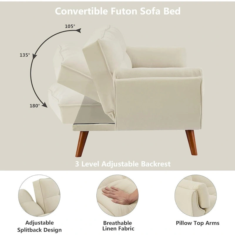 Canapé-lit futon, canapé pliant convertible, fauteuil inclinable pour salon avec 2 oreillers et accoudoirs