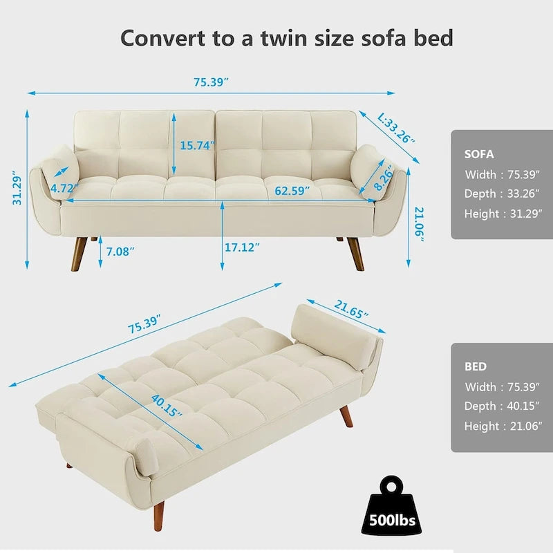 Canapé-lit futon, canapé pliant convertible, fauteuil inclinable pour salon avec 2 oreillers et accoudoirs