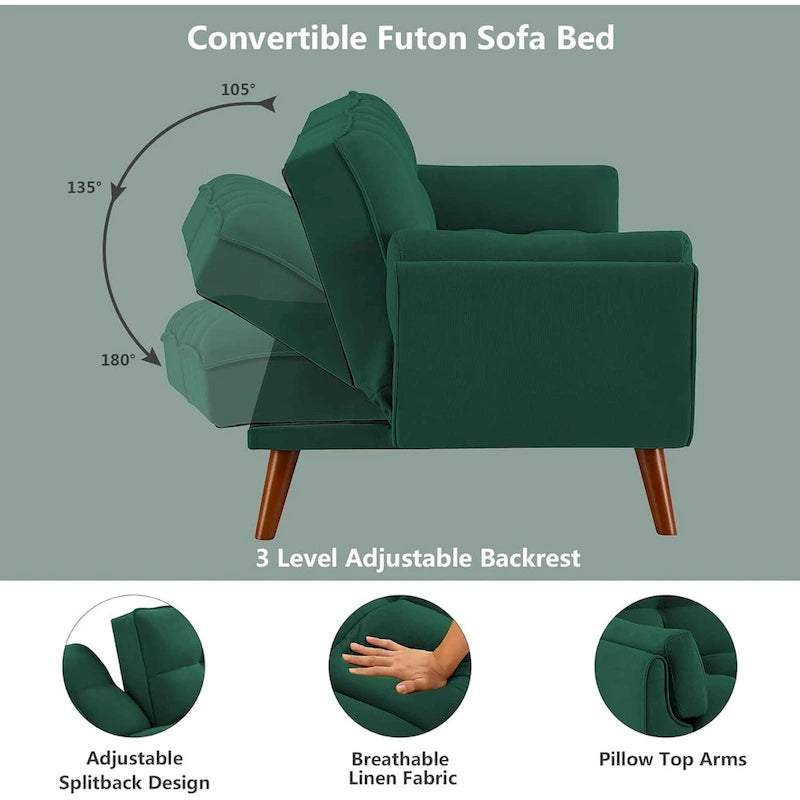 Canapé-lit futon, canapé pliant convertible, fauteuil inclinable pour salon avec 2 oreillers et accoudoirs