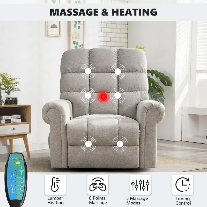 Fauteuil inclinable, pivotant et basculant de grande taille avec fonction massage