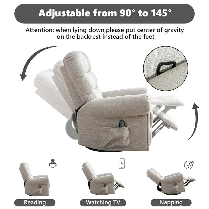 Fauteuil inclinable, pivotant et basculant de grande taille avec fonction massage