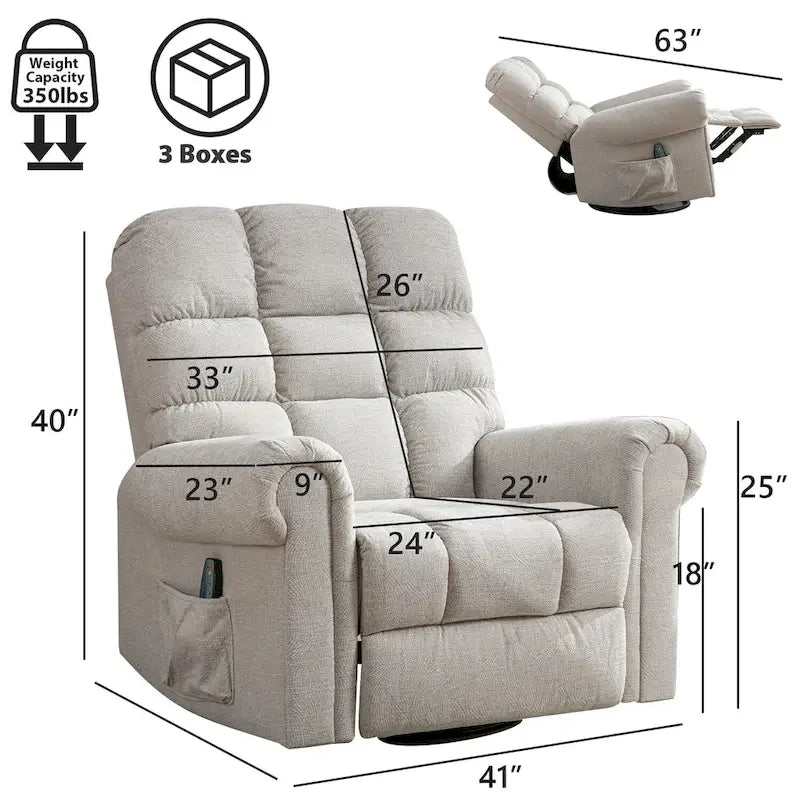Fauteuil inclinable, pivotant et basculant de grande taille avec fonction massage