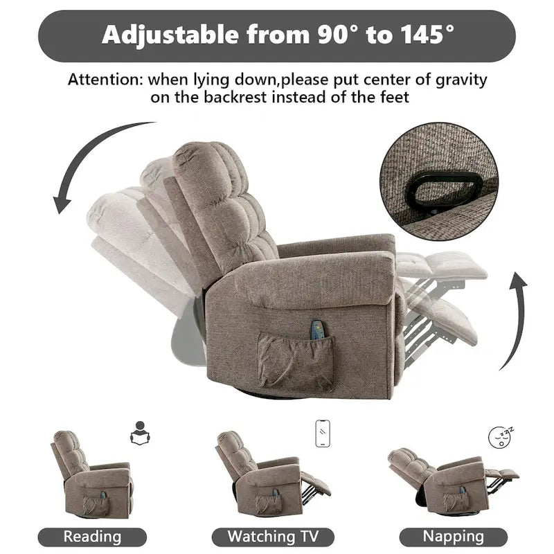 Fauteuil inclinable, pivotant et basculant de grande taille avec fonction massage