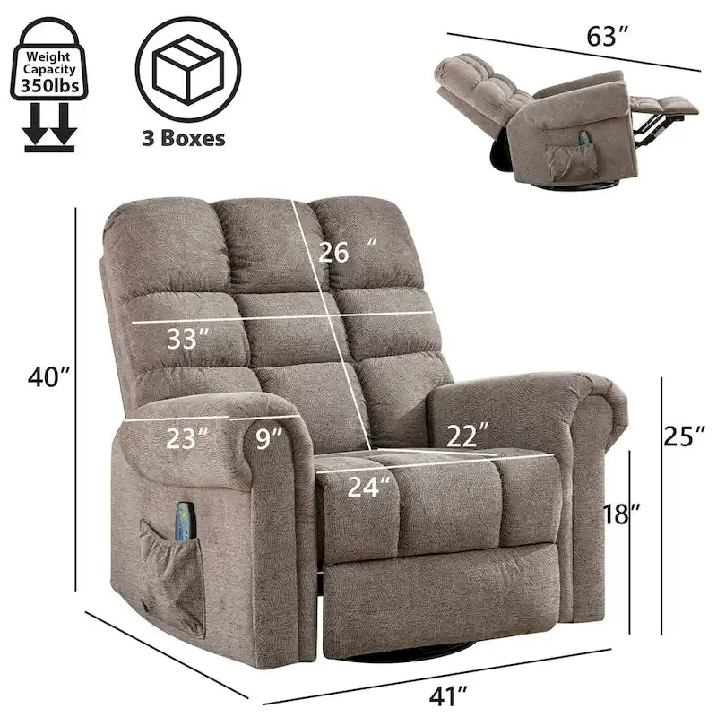 Fauteuil inclinable, pivotant et basculant de grande taille avec fonction massage