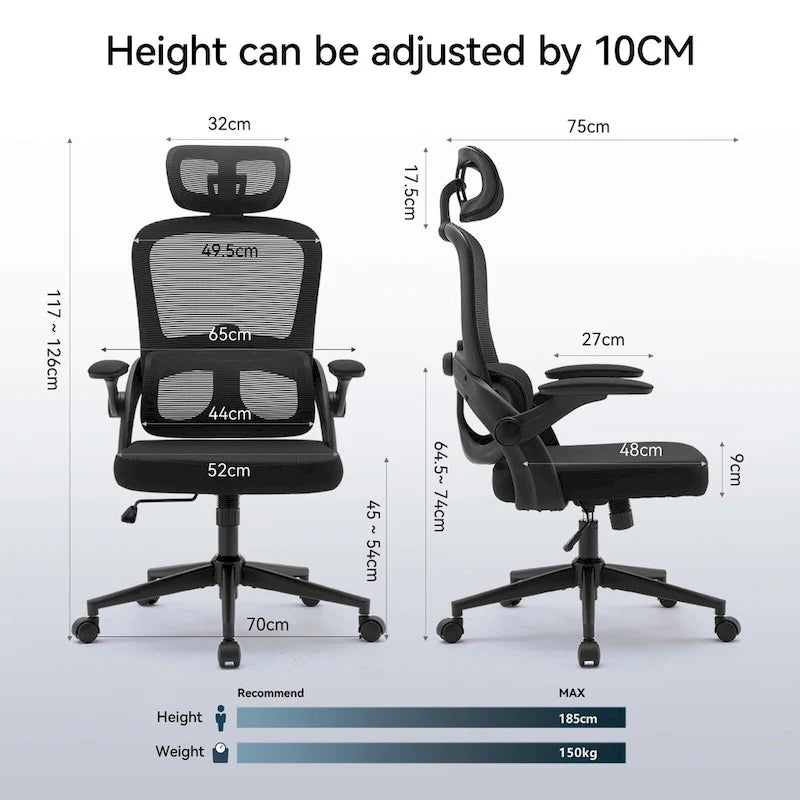 Fauteuil de bureau ergonomique à dossier haut pour personnes fortes et de grande taille - Noir