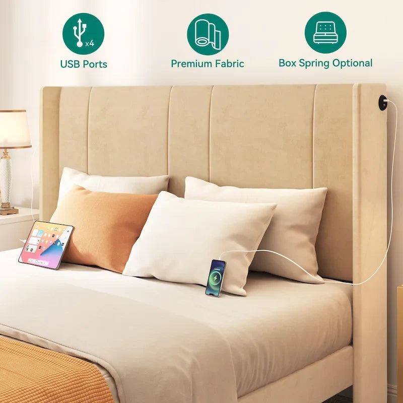 Cadre de lit plateforme Queen tapissé avec tiroirs de rangement et ports USB